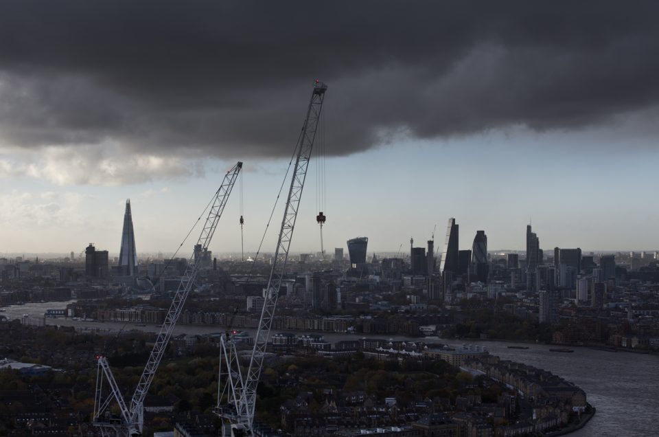 Storm clouds over the finance district of London